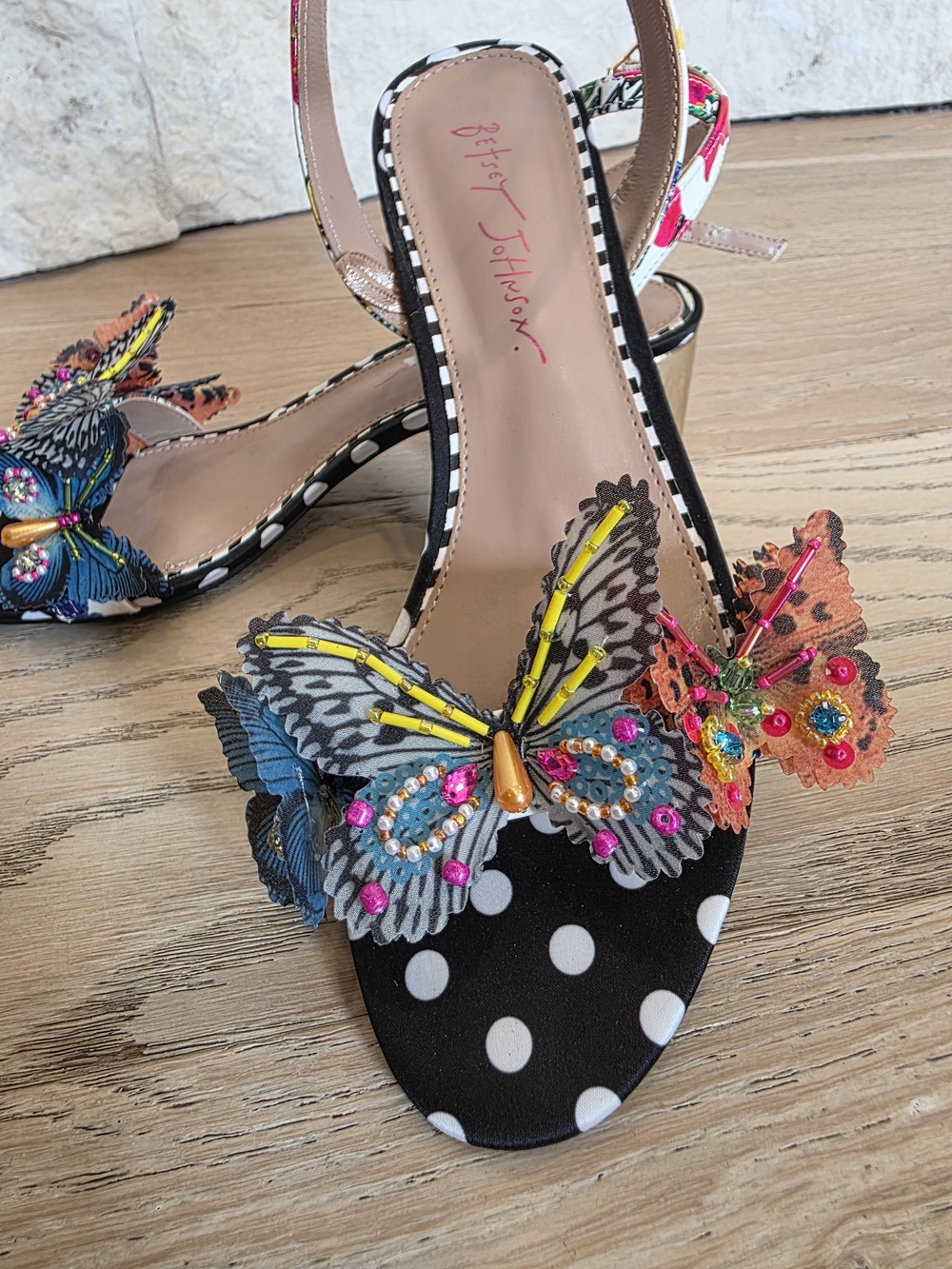 Betsey Johnson Black Polka Dot Butterfly Ankle-Strap Low Heel - Picture 2 of 5